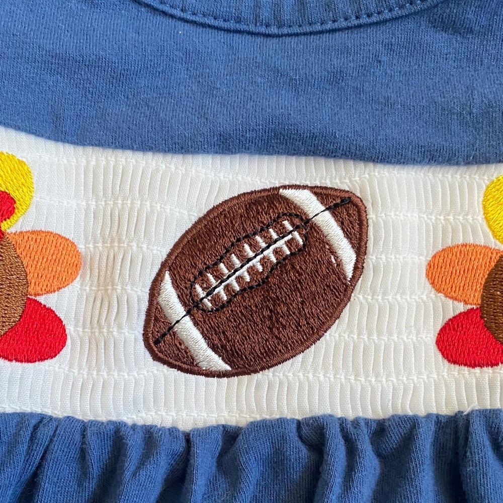 Blue with orange/white check sleeves football/turkey ruffle shirt, size 12-18 M - Picture 11 of 12